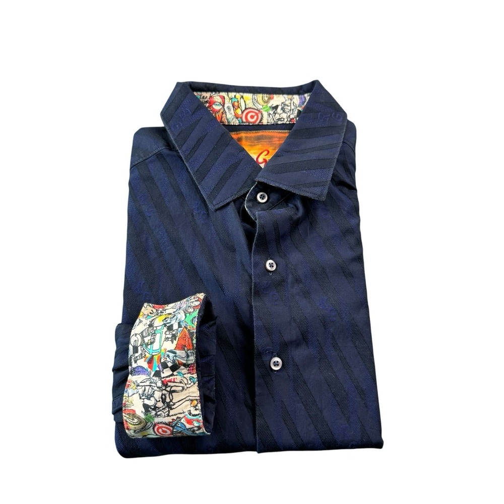 Robert Graham Blue Black Striped Cotton Men's L/S Contrast Flip Cuff Size Large
